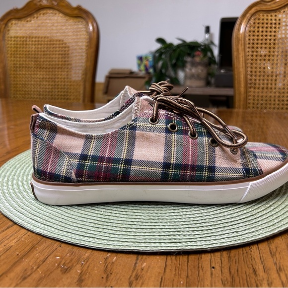 Plaid Pink and Brown Women's Sneakers - Picture 4 of 9